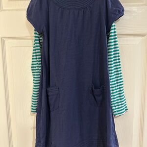 Mini Boden Blue Dress with Green Striped Sleeves
